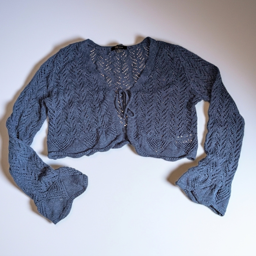 Frye Navy Open Knit Tie Front Cropped Sweater Cardigan L